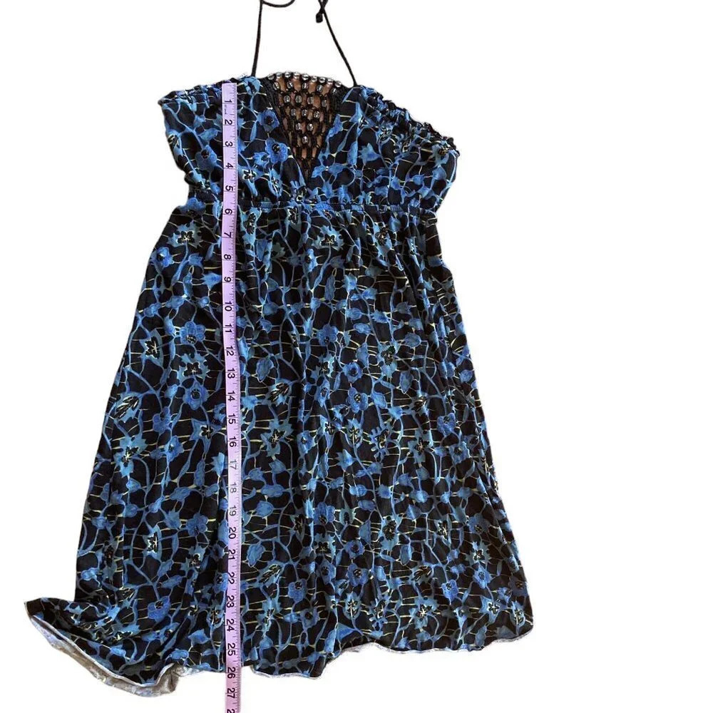 𝅺Free People Beaded Halter Dress, Black and Blue Floral‎ Pattern, Size Medium - Picture 8 of 10